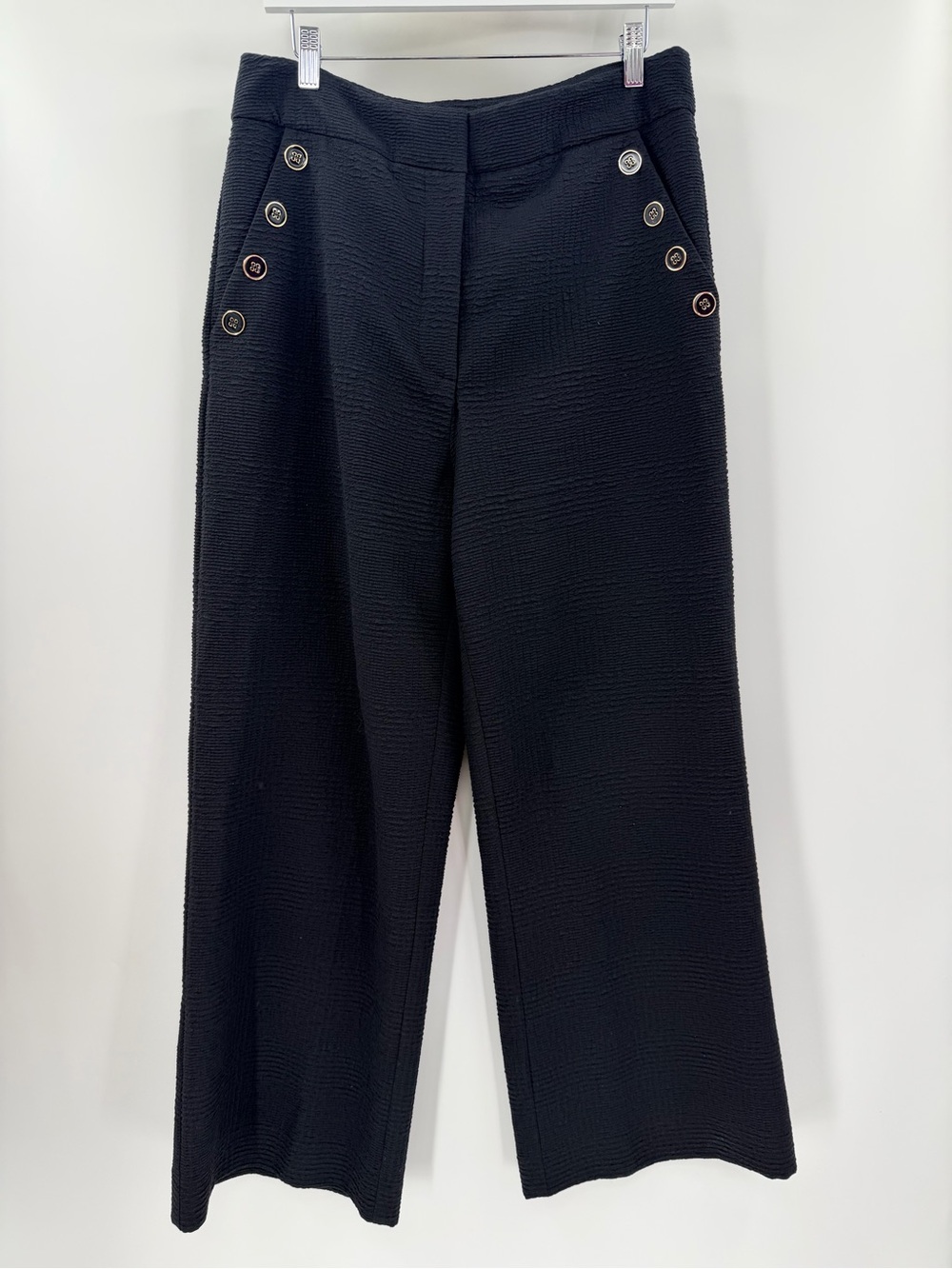 Veronica Beard Black Textured Wide-Leg Sailor Pants with Gold Buttons - Picture 2 of 5